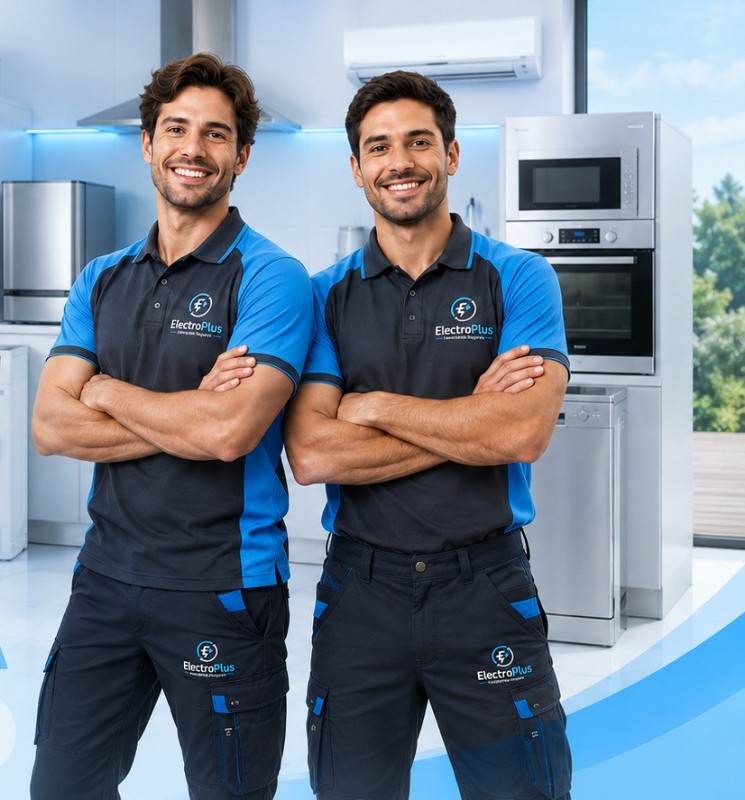 Técnicos de ElectroPlus con uniforme instalando electrodomésticos en Alicante